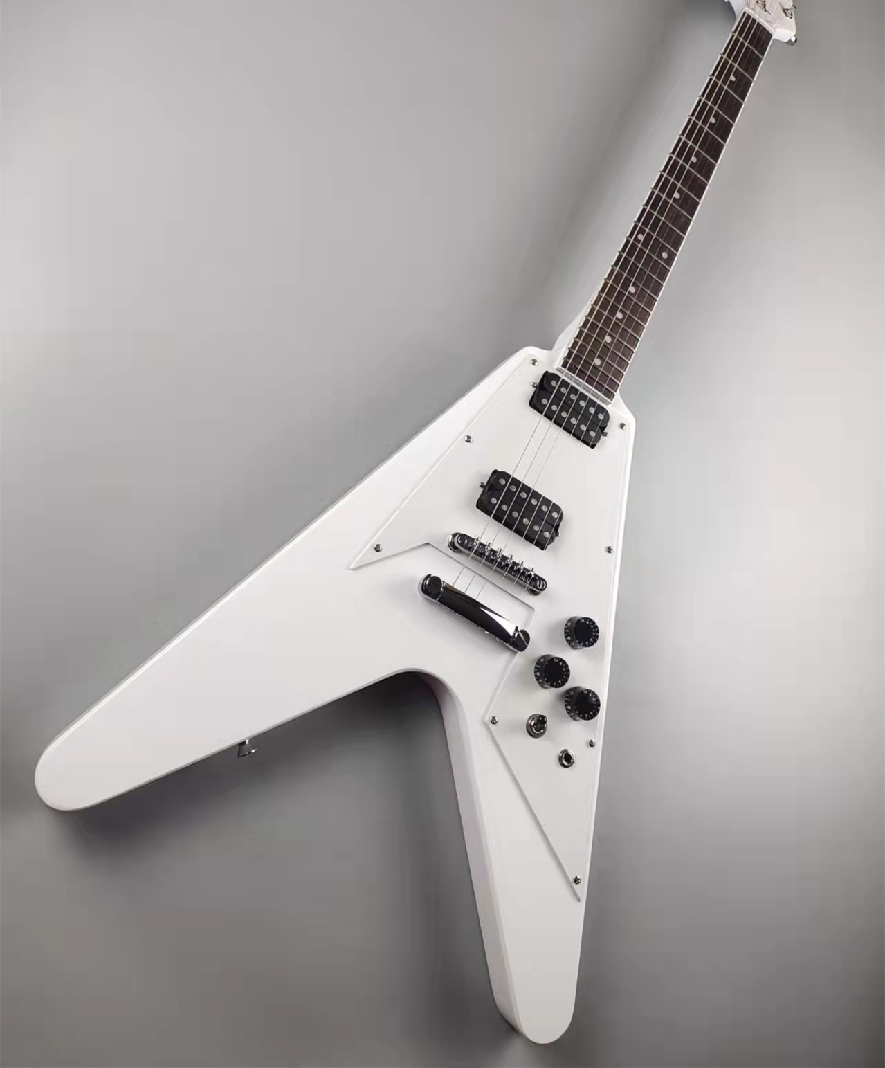 

Electric guitar white flying V silver accessories mahogany in stock imported paint fast package
