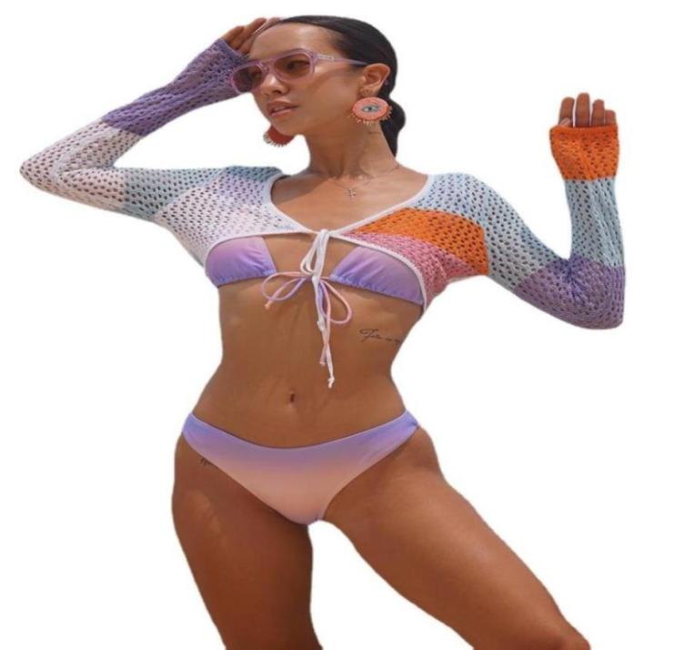 

Women039s Swimwear Fourcolor Patchwork Mesh Crochet Bikini Cover Up Women Sexy Hollow Tunic Beach Long Sleeves Short Top 2022 67392917723, X22tp0002