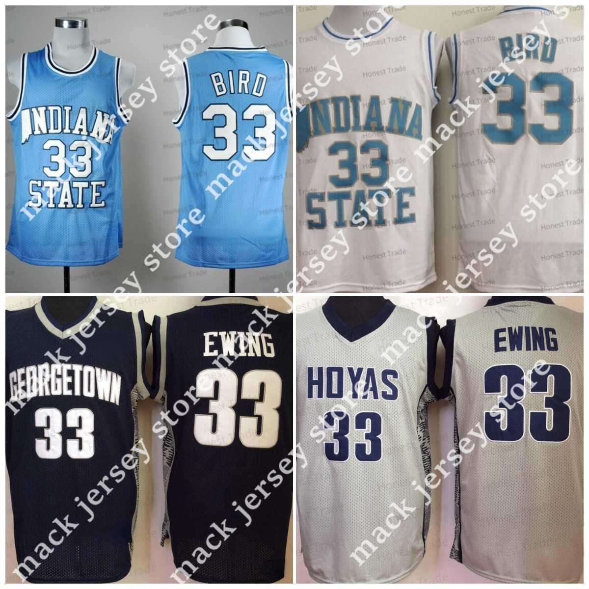 

NCAA College Georgetown Hoyas GRAY 33 Patrick Ewing Indiana State Sycamores 33 Larr Blue White University Basketball Jersey Stitched, Men jersey