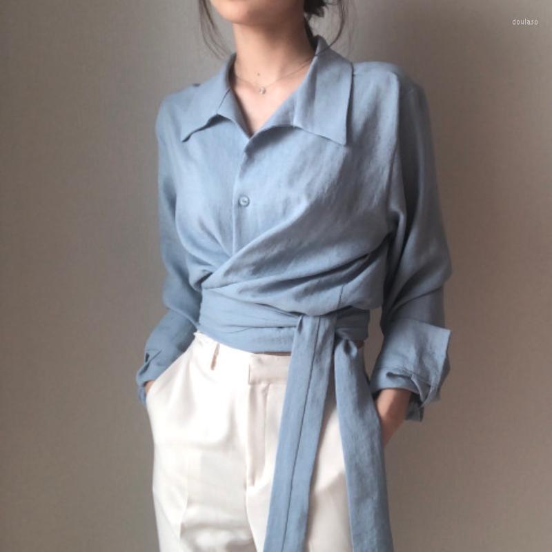 

Women's Blouses Autumn Long Sleeve Cross Bandage Shirt Women Korean Fashion Chic Turn Down Collar Casual Tops 2023 Blusas Mujer, Blue