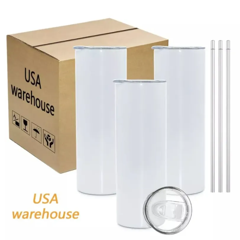 

USA Warehouse 20 oz Stainless Steel Heat Transfer Printing Tumbler Vacuum Insulated Skinny Straight Sublimation Tumblers, White