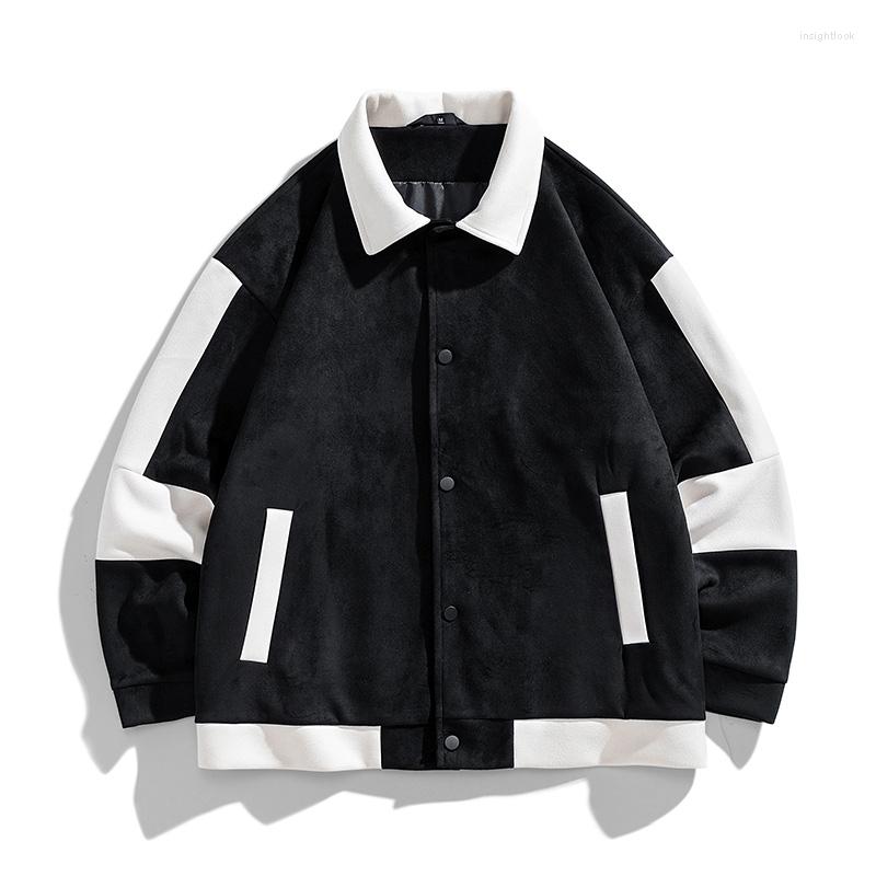 

Men' Jackets Suede Jacket Men Fashion Patchwork Bomber Coat Mens Turn Down Collar Harajuku Streetwear Spring Casual Outerwear Man, Black
