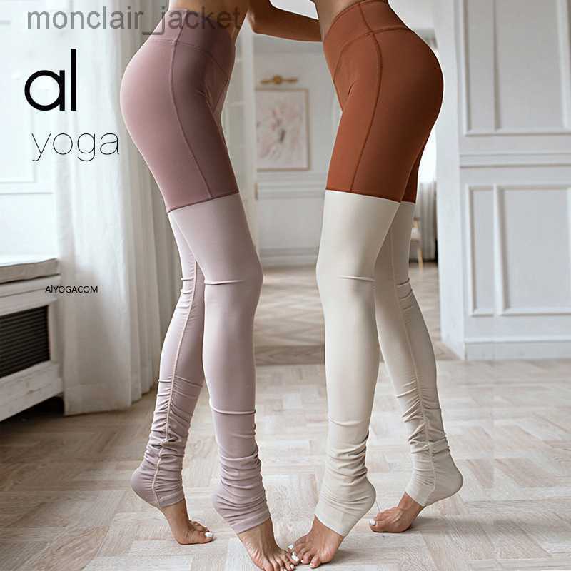 

Designer Alos Yoga Pants with Double Pairs of Stepping Goddess Pants Nude Skinny Scrub Fitness Pants Hip Lifting High Waist Women, Brown white