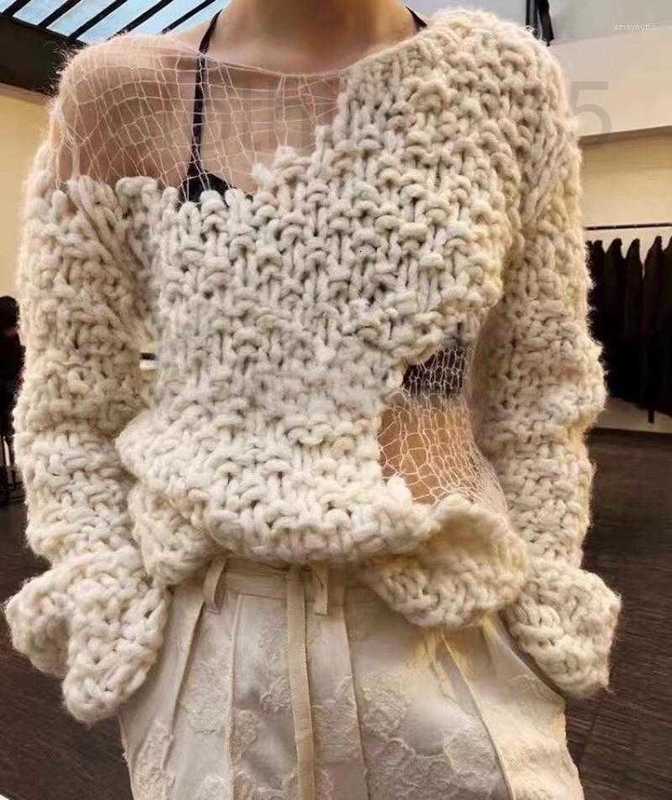 

Women' Sweaters Designer Street Fashion Hollow Mesh Stitching Thick Needle Knit Black Pullover Long-Sleeved Loose Sexy Oversize Sweater Coat Colthes SPSI, Beige