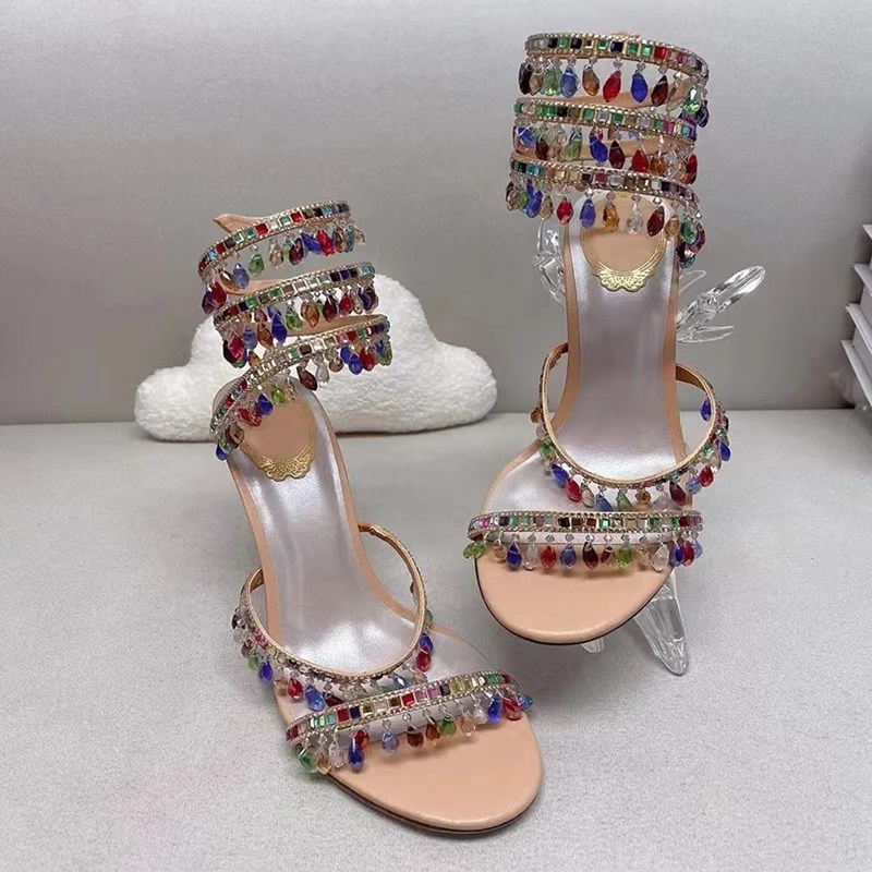 

Stiletto High heel jewel sandals snake twining elegant Sandal RENE CAOVILLA crystal Gold rhinestone dress shoes Silver soles women35-43, Shoe box
