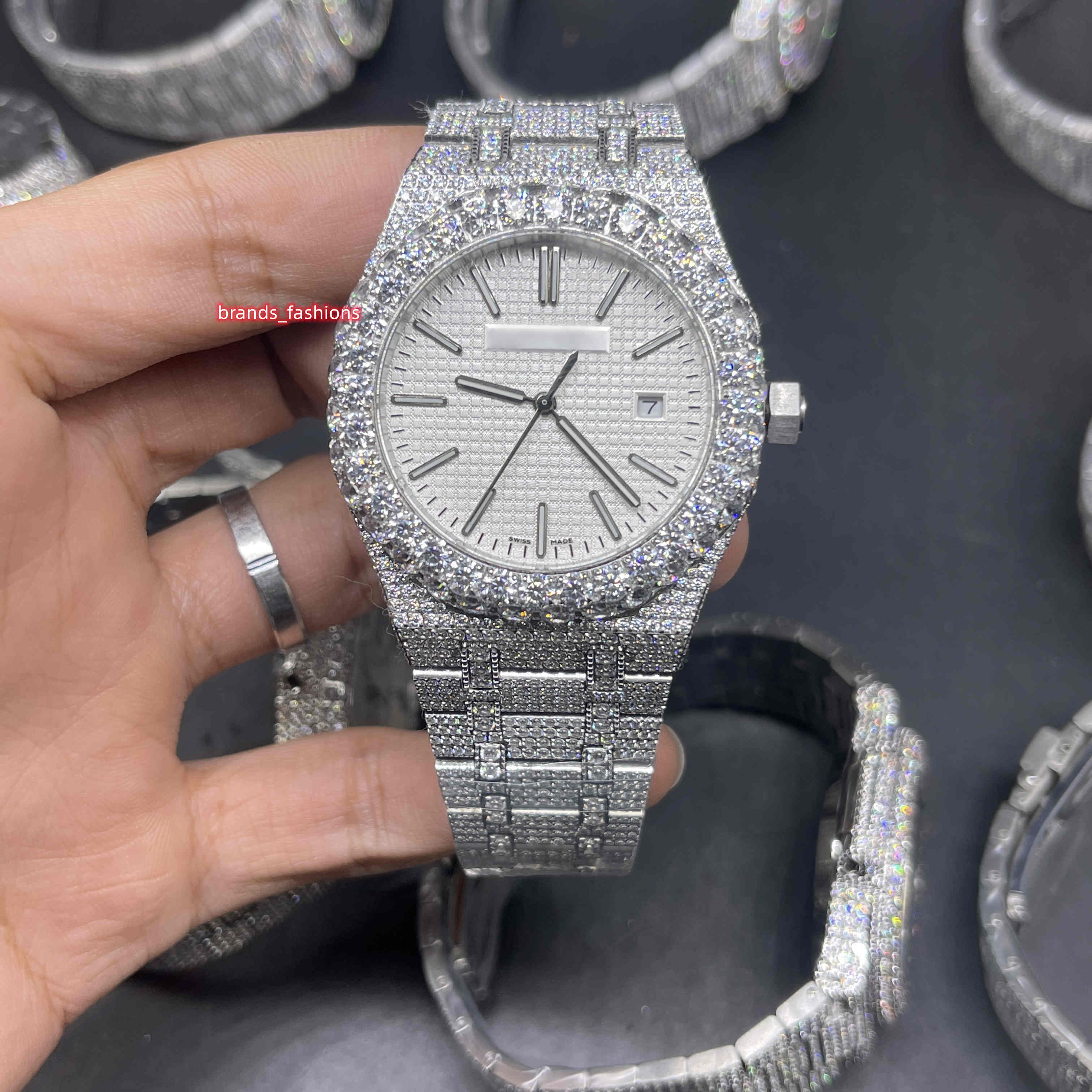 

The latest men's hip hop watch in 2023 large diamond watch ring top quality electroplated shiny watch CZ diamonds, White