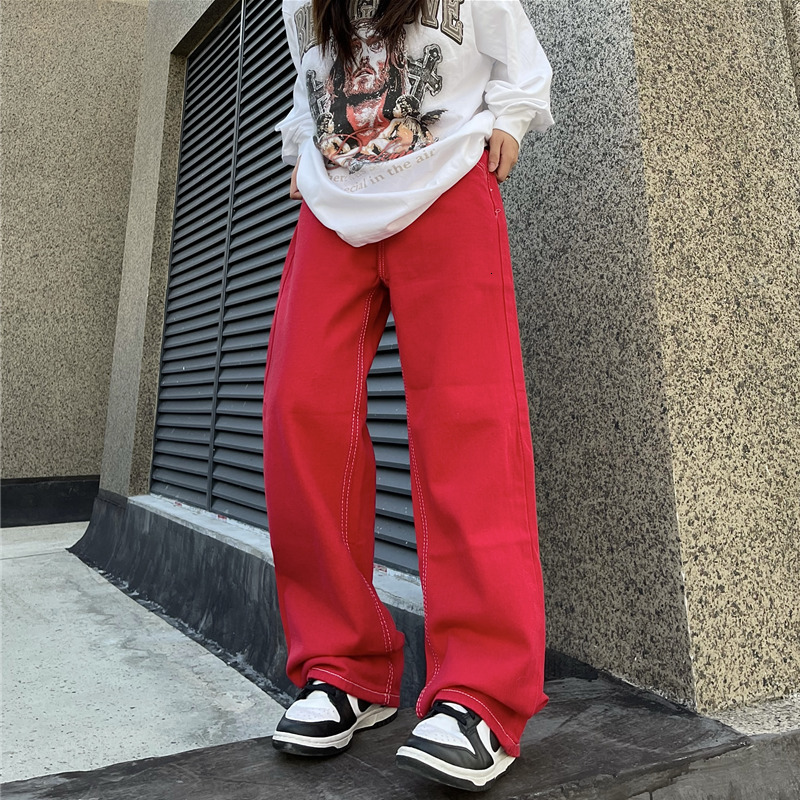 

Men's Jeans Streetwear Men Fashion Pattern Vintage Recreational Red Loose Straight Cylinder Broad Leg Trousers Autumn Female 230213