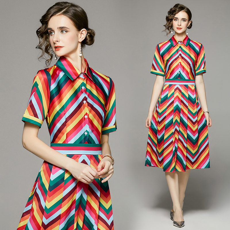 

2023 Rainbow Stripe Women Midi Dress Summer Fashion Short Sleeve Birthday Dinner Slim A-Line Print Party Frocks Casual Office Ladies Designer Lapel Shirt Dresses