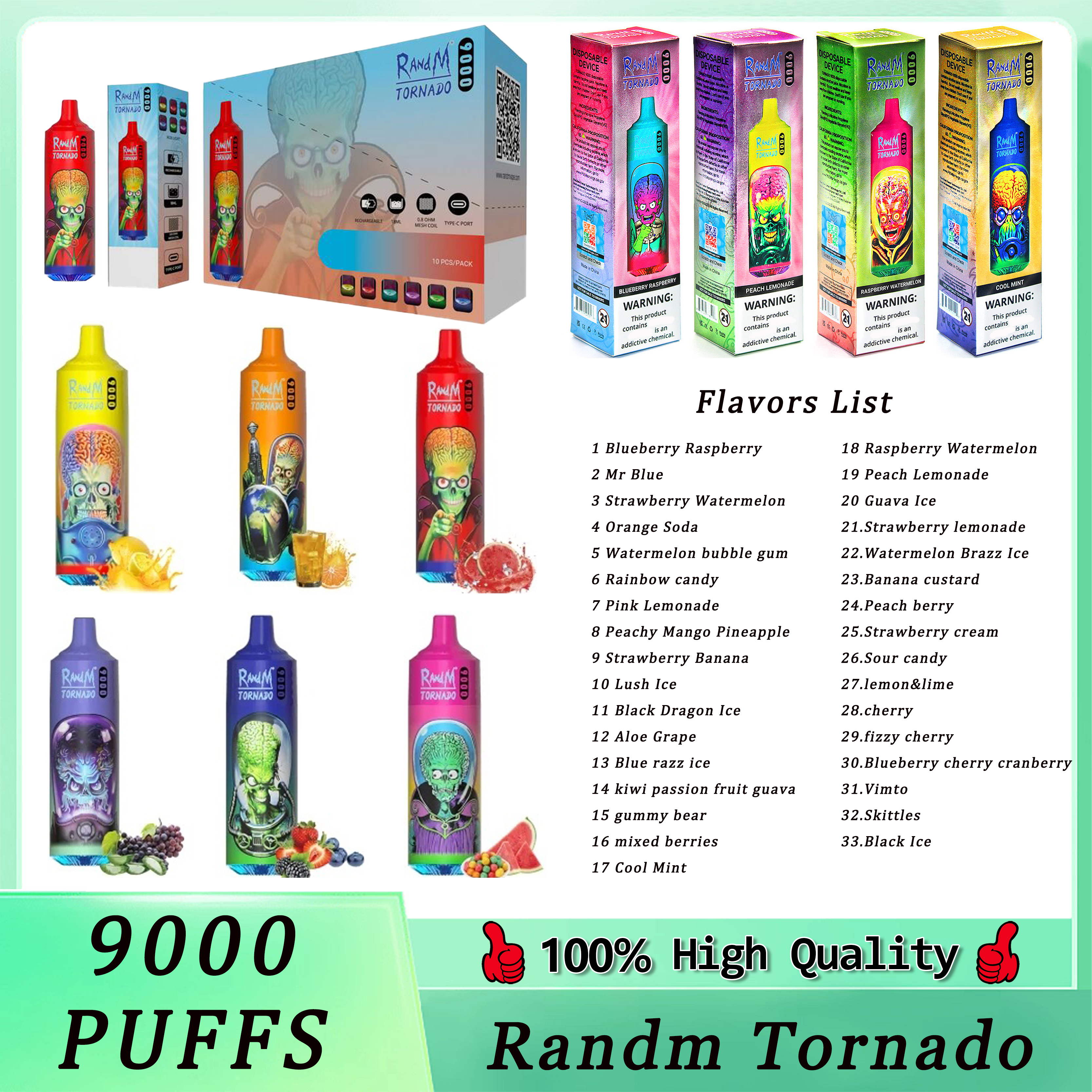 

Original RandM Tornado 9000 Puffs Disposable E-cigarettes Features 18ml Vape 2/3/5% Rechargeable 850mAh Integrated Battery Associated 33 Flavors Available Fast Send