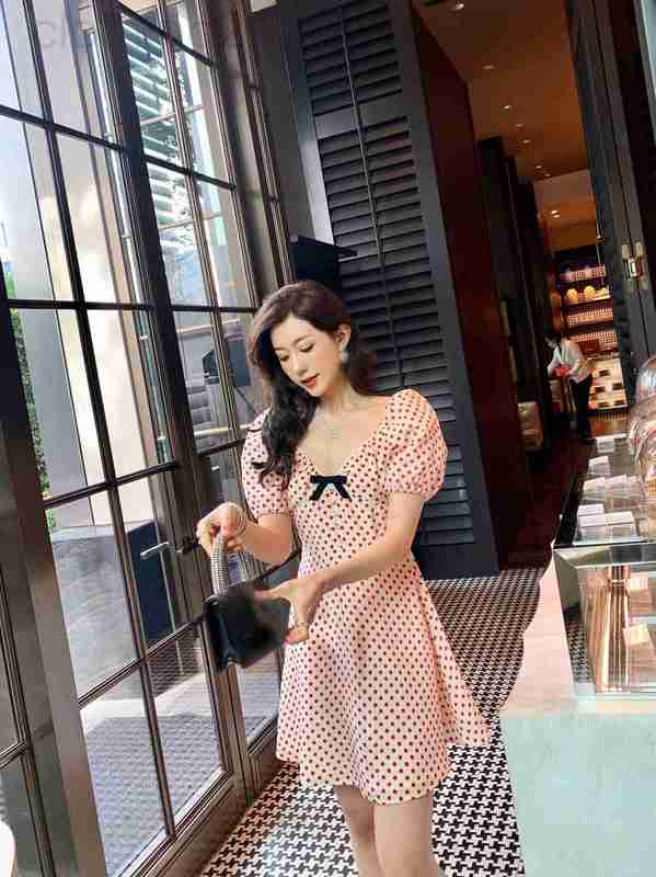 

Casual Dresses Designer High-end Spring and Summer 22 polka dots printed bow decorative bubble short sleeve dress 88IZ, Red dot