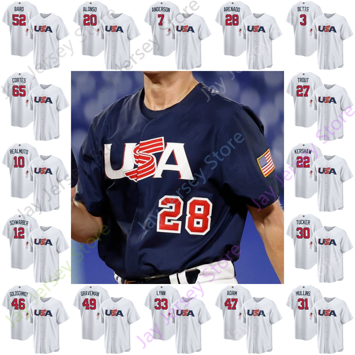 

2023 World Baseball Classic WBC Team USA Jersey Mike Trout Bobby Witt Jr. Nolan Arenado Nestor Cortes Clayton Kershaw Realmuto Betts Tucker Schwarber Goldschmidt, 2023 navy
