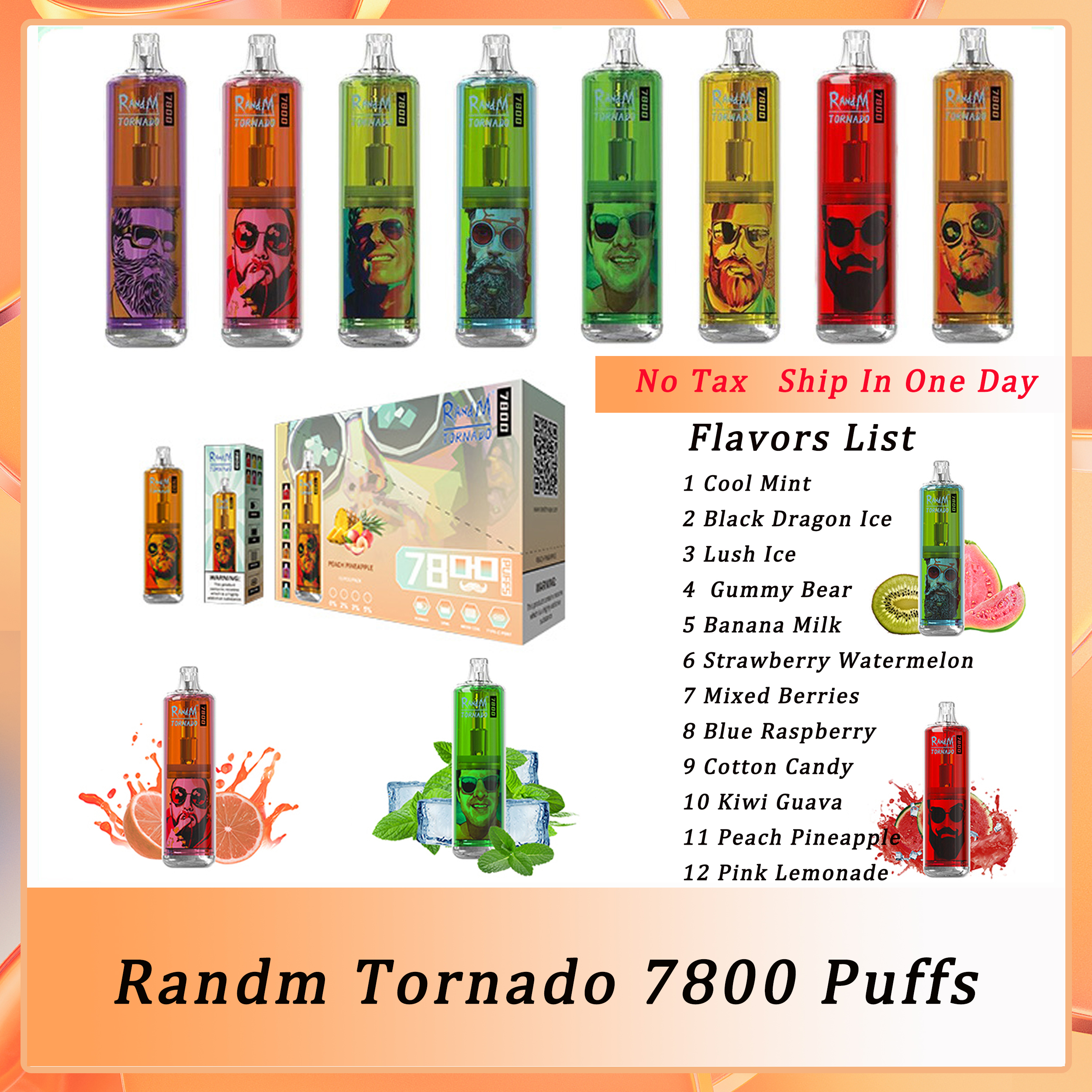 

Original Randm Tornado 7800 Puffs Disposable E Cigarette Vape Pen 15ml Prefilled 5% Pod 850Mah Rechargeable Battery RGB Flash Light Airflow Control 12Flavors