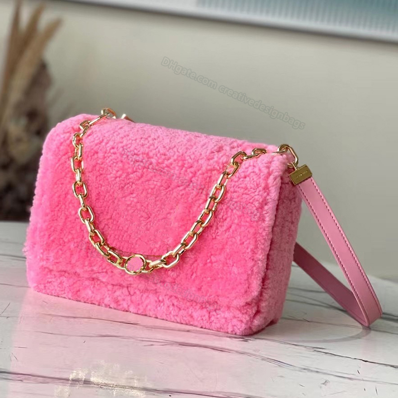 

5A Fashion Shoulder Bag Shiny Wool Leather Twist Lock Shearling Enamel Double Chain MM Crossbody Leather Handbags Flowers Letter Flap 23cm, M21032
