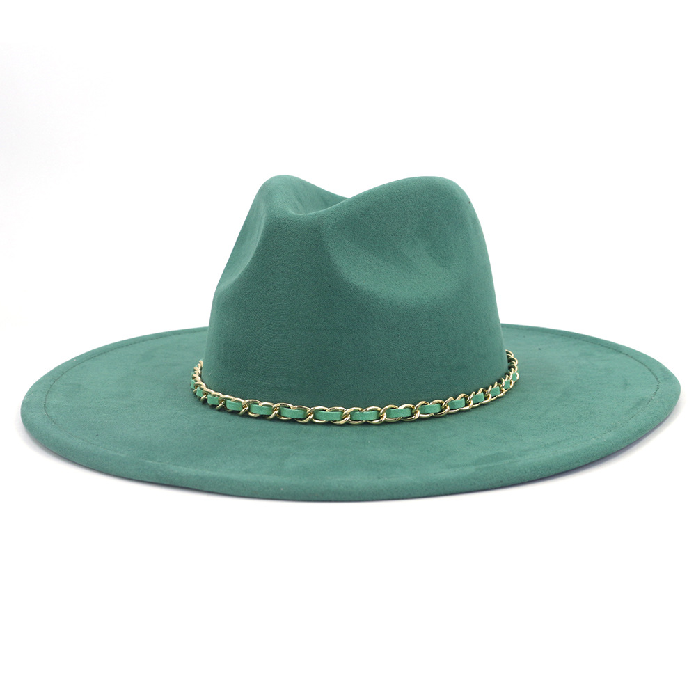 

Green Suede Top Hat with Chain Women Elegant 9.5CM Wide Brim Jazz Fedora Hat Autumn Winter Men Felt Panama Cap for Party Wedding, Khaki