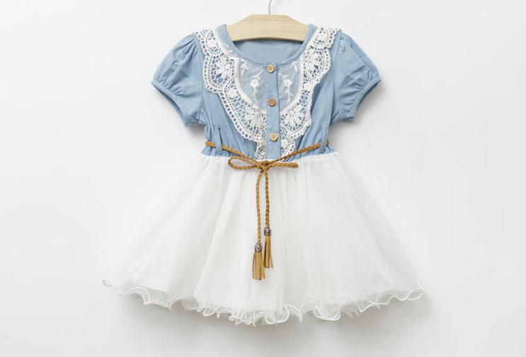 

1pcs Retal Sale New Children Clothing Good Quality Denim Net Yarn Girl Sweet Dress With Belt Short Sleeve Baby Kid's Princess Dress GX65, Wathet blue