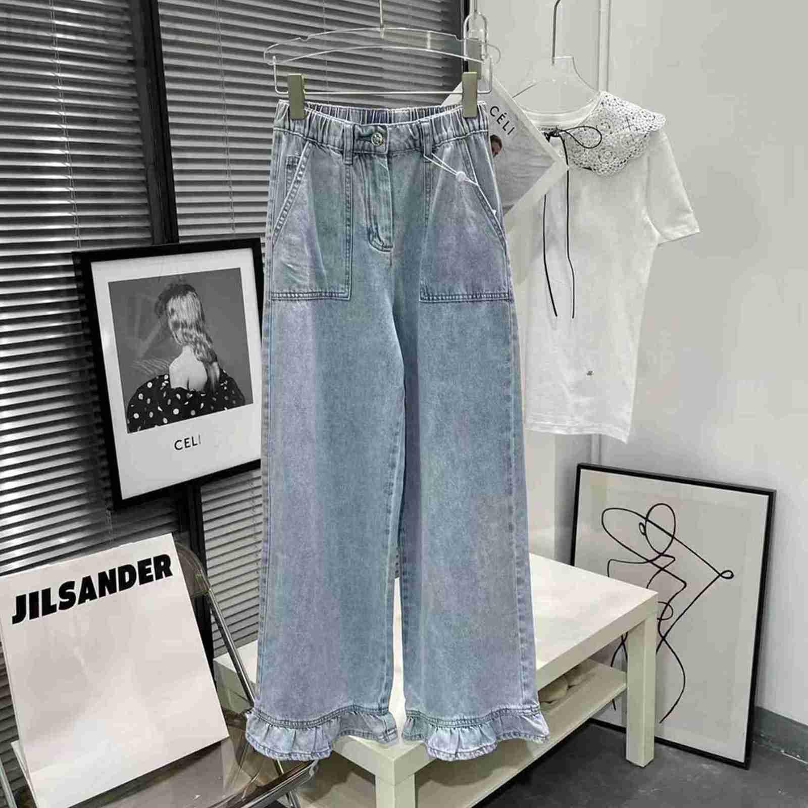 

Women' Pants & Capris Designer New Lace Design High Waist Slim Wide Leg Drop Feel Denim Autumn JLNK, Blue4