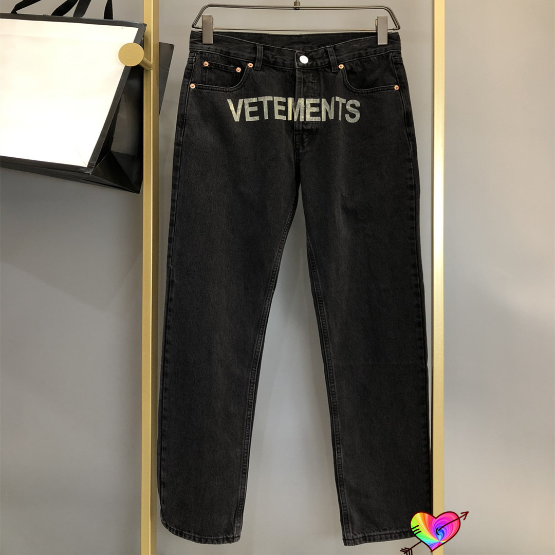 

Women  Jeans Front Letter Print Vetements Pants Badge Button Trousers Washed Black Men Women 1 1 High Quality 230213, Dark grey