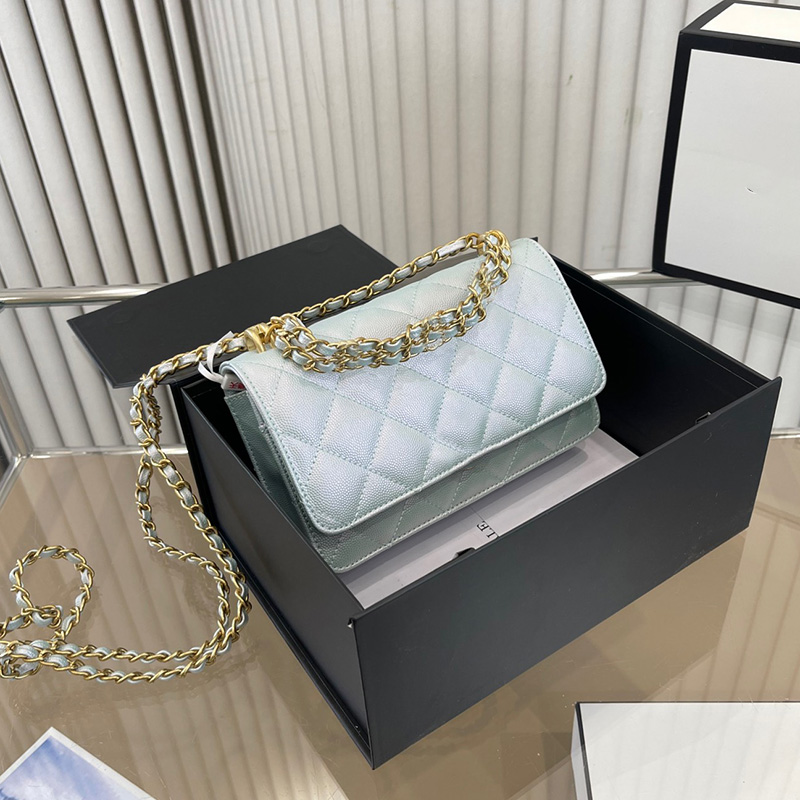 

CC Bag Shoulder Bags Womens Designer Iridescent Blue Pink WOC Bags With Link Chain Braceet Top Handle Totes Gold Metal Hardware Matelasse Cr, Box