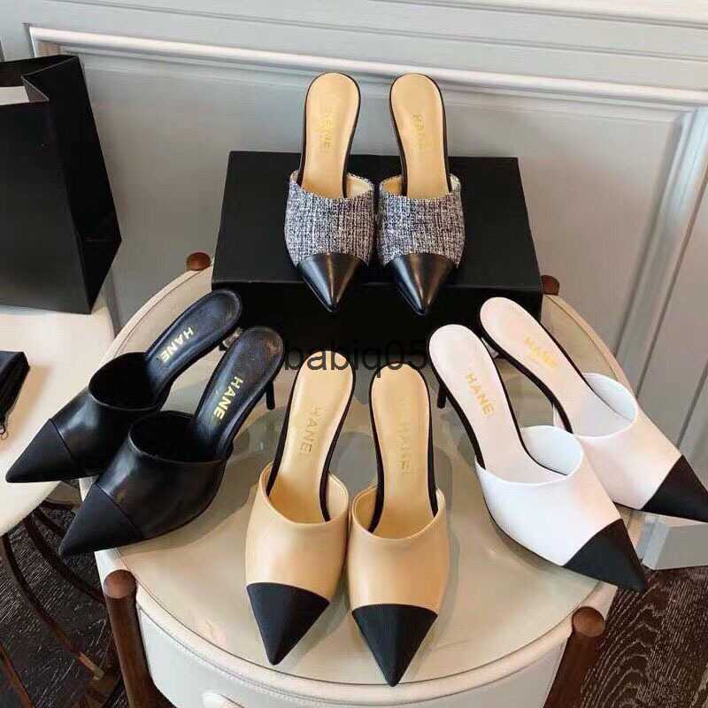 

Sandals Summer Fashion New Chic Small Fragrance Color-blocking Pearl Thin Heel High Pointed Women Half Slippers T230213, Black