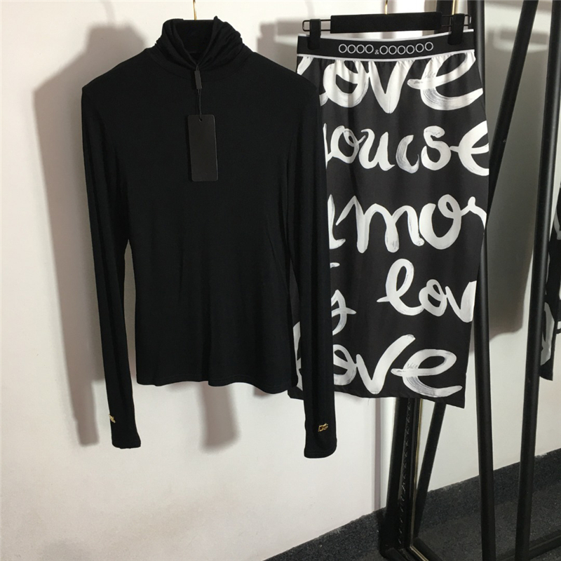 

High Neck Womens Tights Tops Dress Two Piece Letter Print Bottom Shirts Designer Fashion Ladies Slim T Shirt Skirts Sets, Black