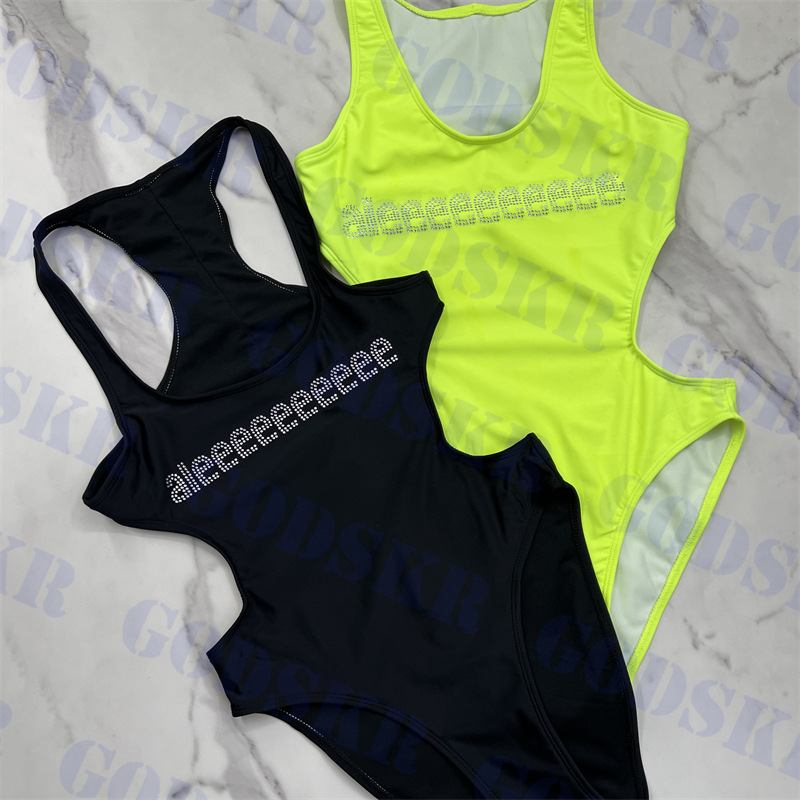 

Designer Hollow Swimsuit Letter Rhinestone Bikini For Women Trend Bright One Piece Swimwear, Please contact me real pic