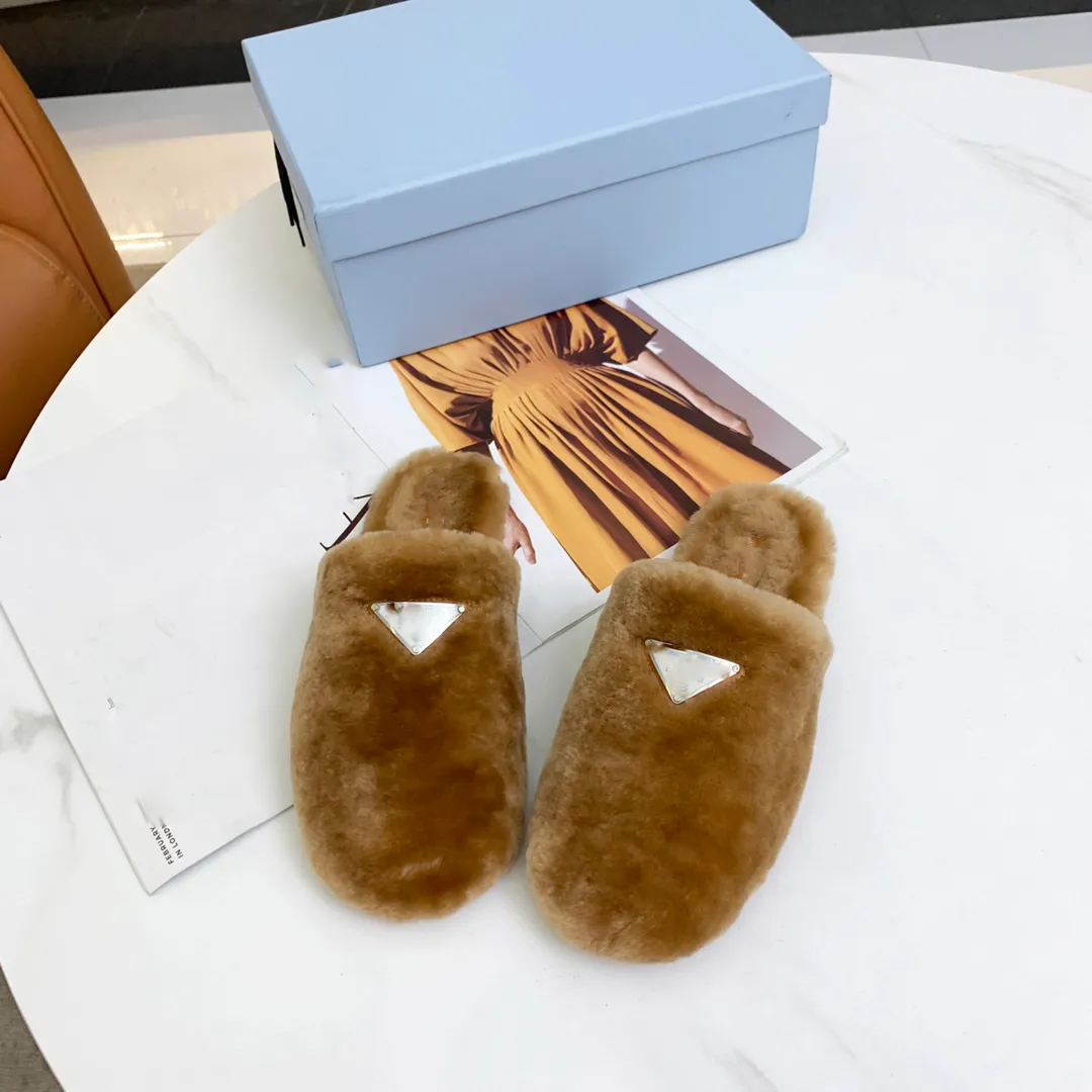 

With Box Slide Flat Slippers Slides Women Shoes Sandals Sandal Soft Warm Fur Enameled Triangle Crossover Lady Winter Indoor Slipper Fuzzy jZ