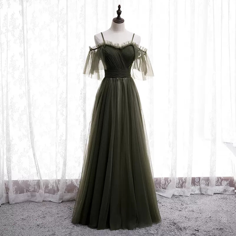 

Evening Dress Spaghetti Straps Olive Tulle Short Sleeves Floor Length Custom Handmade Bridesmaid Formal Evening Dress Womens Prom Party Dresses, Orange