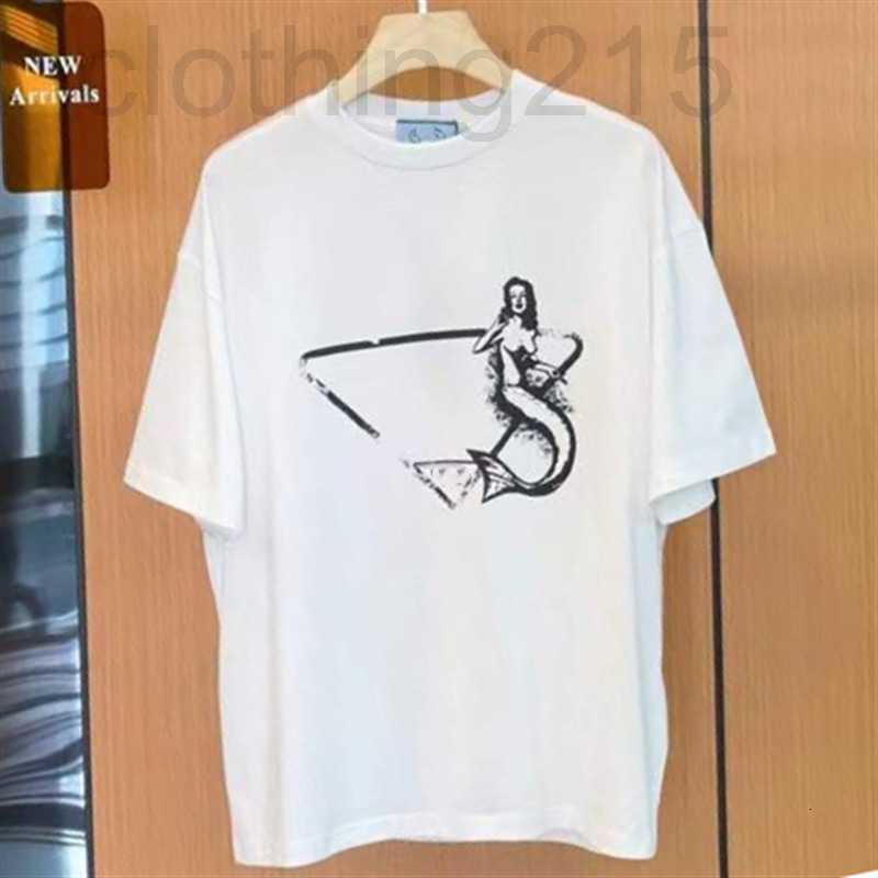 

Women' T-Shirt Designer 2022ss early spring new mermaid pattern sketch printing triangle loose short-sleeved cotton T-shirt blouse BCQ8, White3