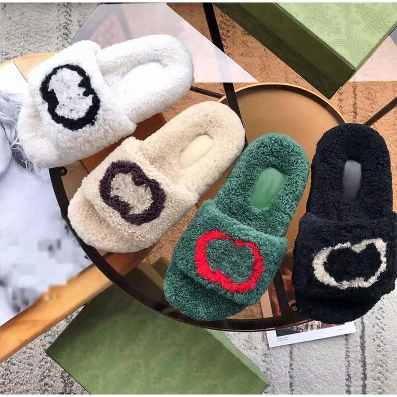 

With Box Luxury Wool Women Slippers Warm Plush Soft Soled Furry Fur Light Females Flat Slides Non-Slip Fashion Designers Ladies Shoes rdg uR, Black closed toe