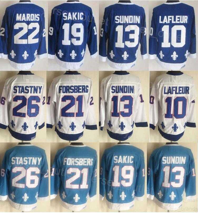 Men Retro Hockey 13 Mats Sundin Jersey Vintage Classic 19 Joe Sakic 21 Peter Forsberg 26 Peter Stastny 10 Guy Lafleur Navy Blue White Team Embroider