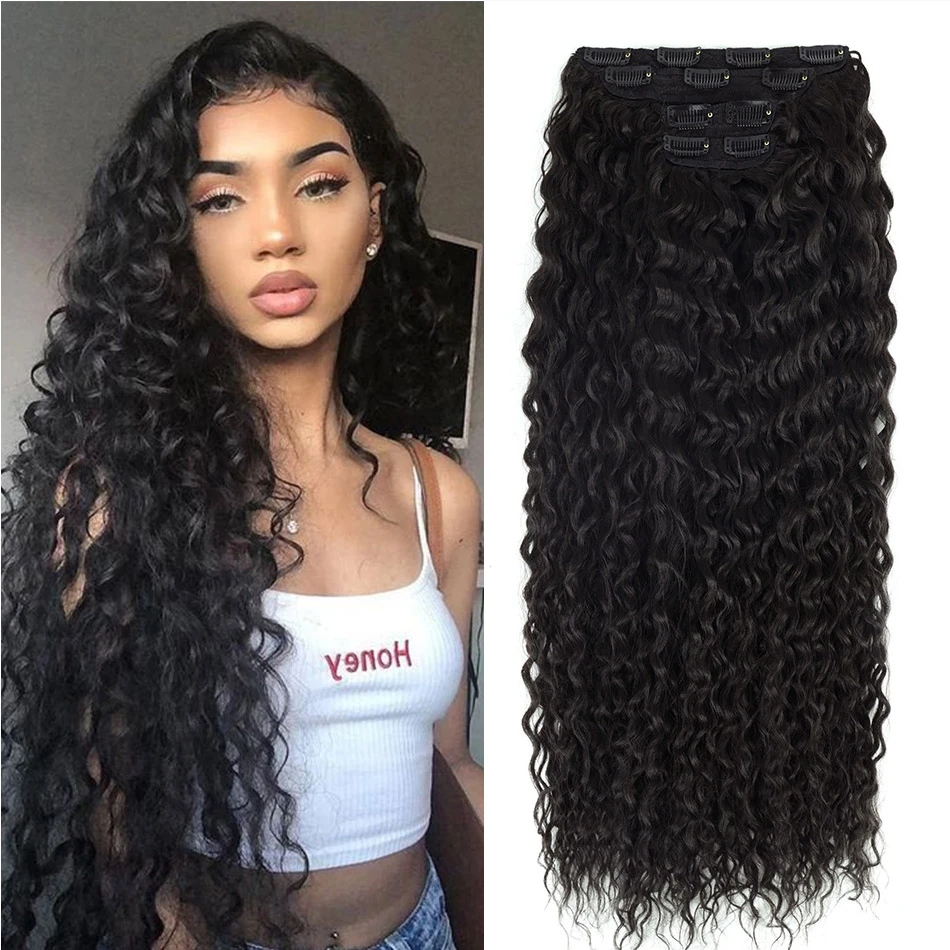 

Afro Kinky Curly Wave Synthetic Hair Clip In Hair Extensions 20inch Long Natural Color Clips Hair Extension 200g Ombre Soft Hair