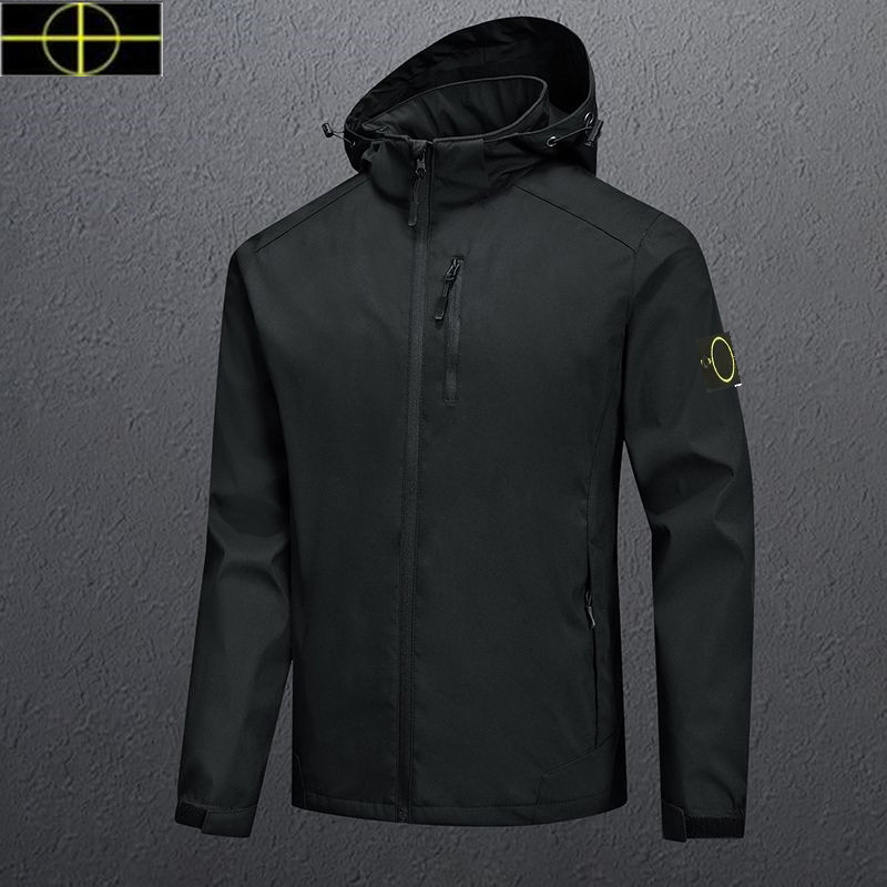 

plus size coat Spring and Autumn Stone Men's Jacket island Stand Collar Hooded Solid Men's Casual Windproof Outdoor Is land Jacket Coat New 5xl 2023, Black