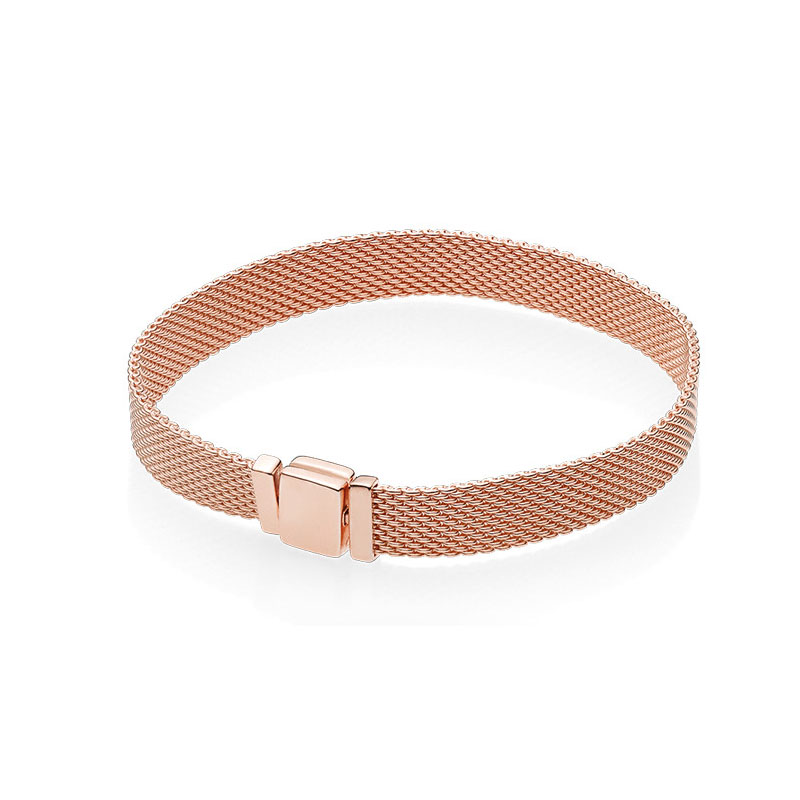 

Rose Gold Strap style Mesh Bracelets for Pandora Real Sterling Silver Fashion Wedding Jewelry For Women Girlfriend Gift Charms Bracelet with Original Box