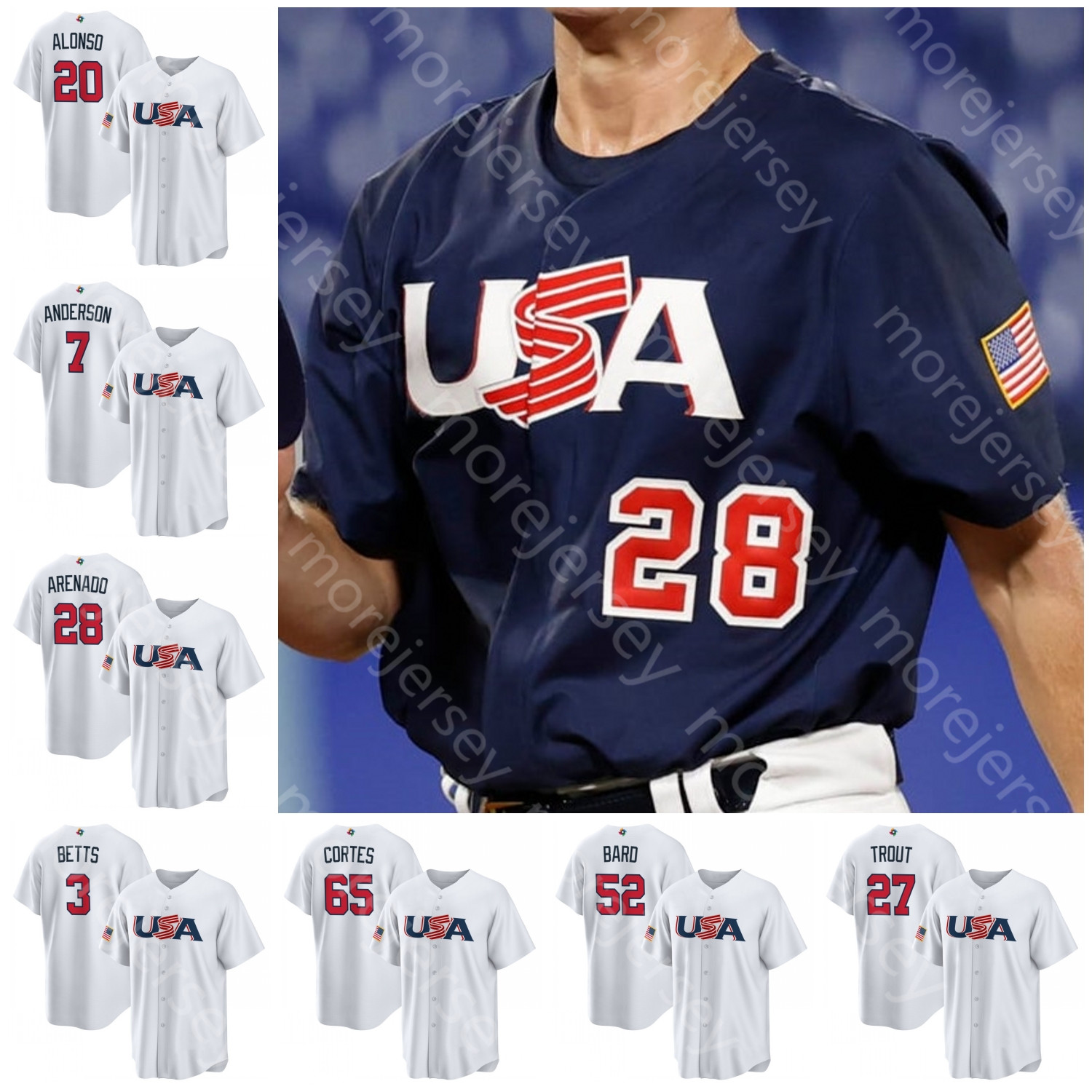 

2023 World Baseball Classic WBC Team USA Jersey Mike Trout Bobby Witt Jr. Nolan Arenado Nestor Cortes Clayton Kershaw Realmuto Mookie Betts Kyle Tucker Schwarber, 2023 white