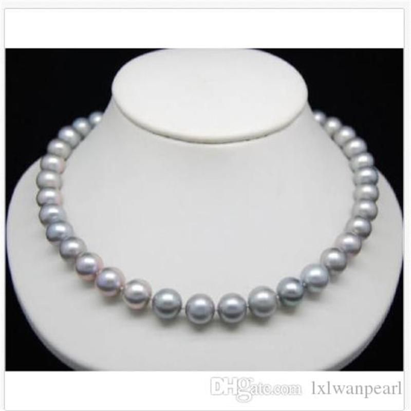 Beaded Necklaces 9-10MM ROUND SOUTH SEA GENUINE GRAY PEARL NECKLACE 18" 14K WHITE GOLD-image-435898217
