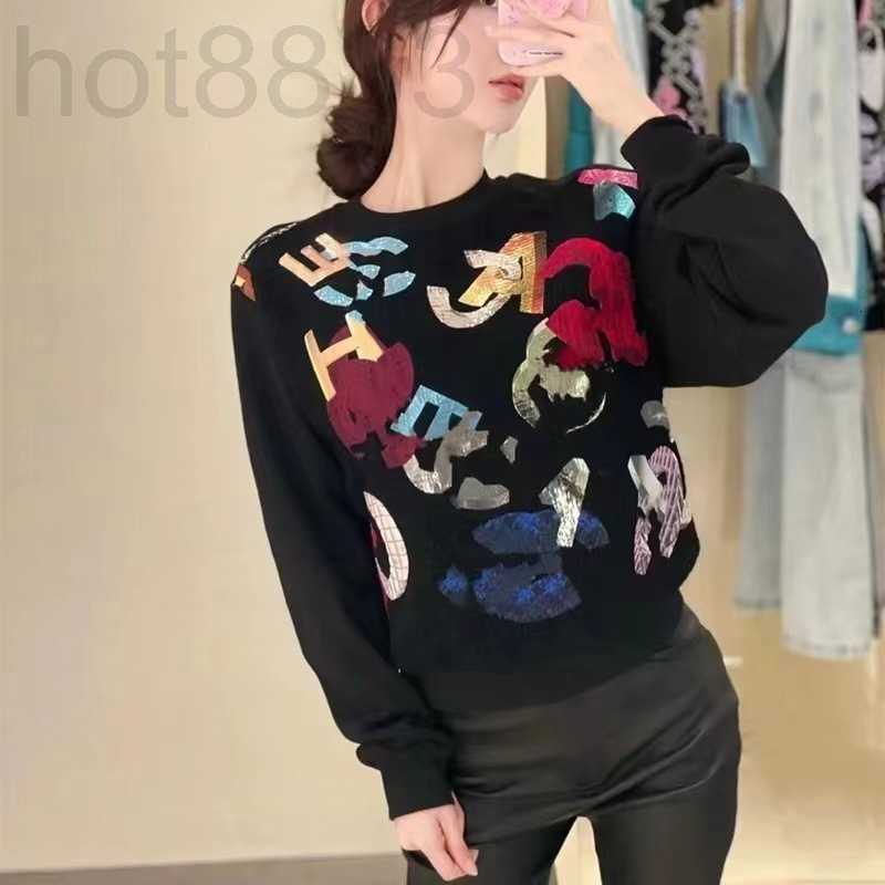 

Women' Hoodies & Sweatshirts Designer French minority design sense New handicraft workshop color letters irregular long-sleeved round neck ZNHB, Black