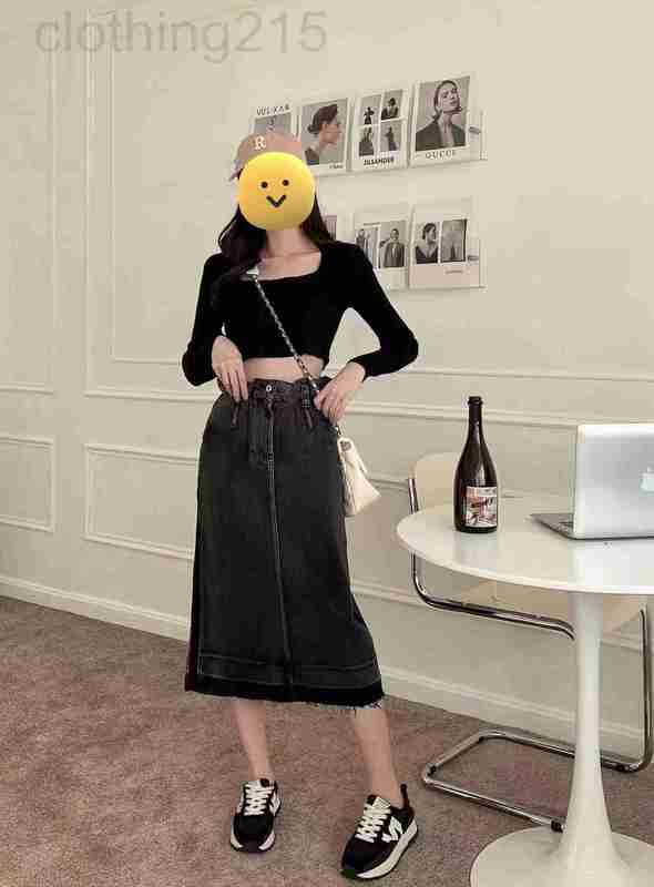 

Women's T-Shirt Designer new style bud smoke grey elastic waist back slit denim skirt OUQ1, Gray6