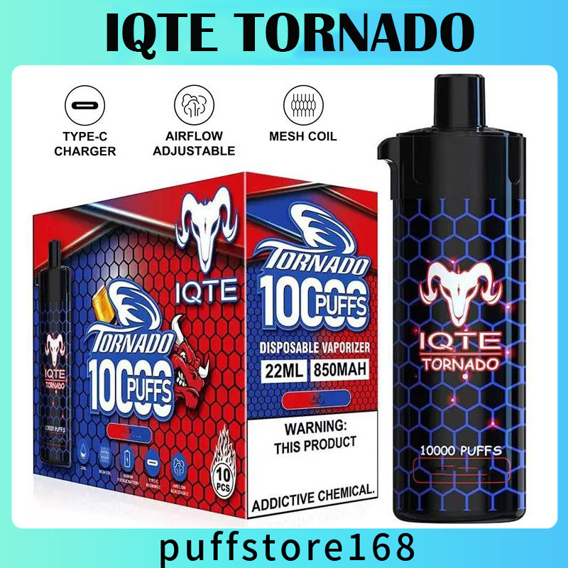 

Original IQTE Tornado 10000 Puffs Disposable E cigarettes Vape Pen 22ml Pre-filled Mesh Coil 850mAh Rechargeable Battery Vaporizer AirFlow Pods Device vapes pen Max
