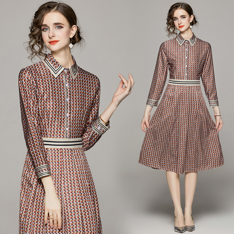 

2023 Vintage Lapel Classic Shirt Midi Dress Women Long Sleeve Vacation Slim A-Line Party Frocks Fine Elegant Office Ladies Sweet Cute Casual Brown Dresses Autumn