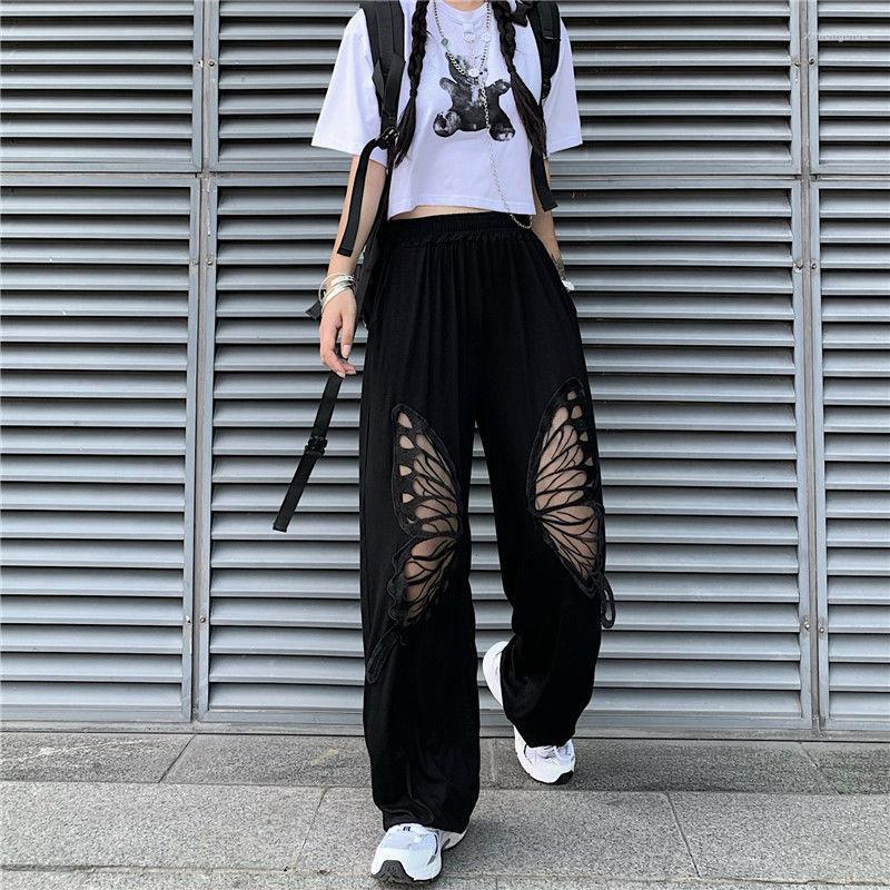 

Women's Pants Wide Leg Women Harajuku Y2k High Waist Trendy BF Style Teens Oversized Trousers Butterfly Cutout Casual Womens Streetwear, Black
