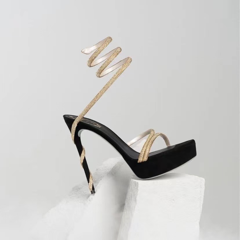 

Platform designer sandals Rene Caovilla Womens Dress Shoes High Heeled Ankle Wraparound Shoe Embellished Snake Stiletto 120mm Luxury factory lady heels