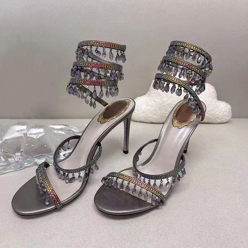 

Stiletto High heel jewel sandals snake twining elegant Sandal RENE CAOVILLA crystal Gold rhinestone dress shoes Silver soles women35-43size, Shoe box