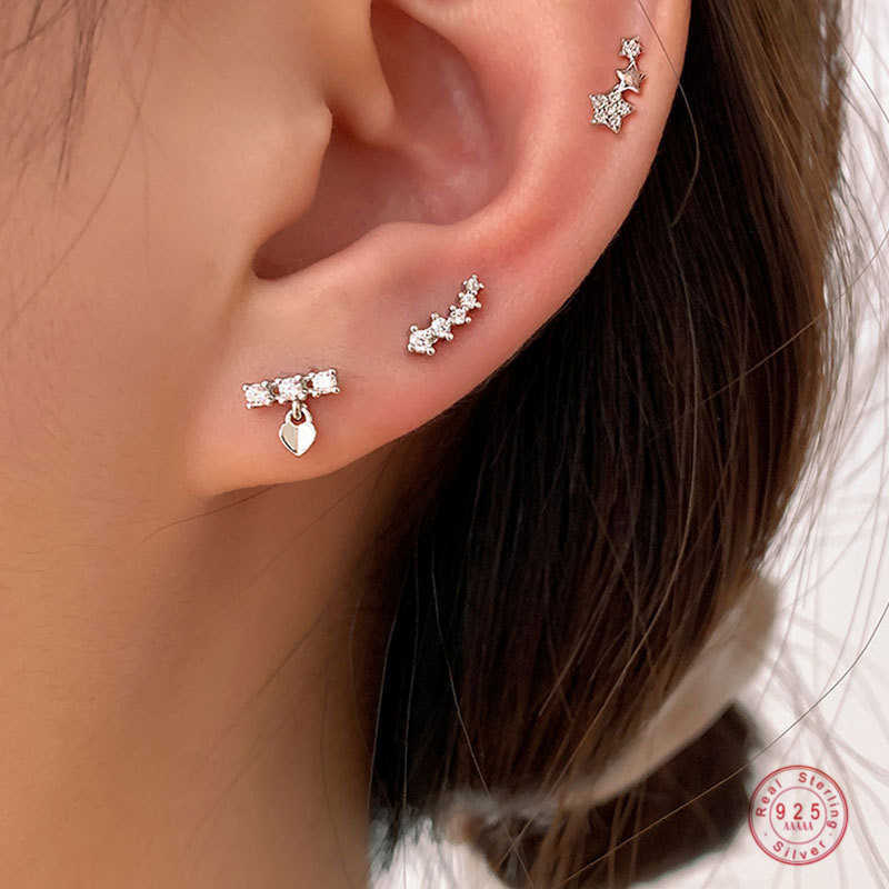 

925 Sterling Silver Korean Version Simple Star Combination Stud Earrings Women Fashion Temperament Student Party Jewelry