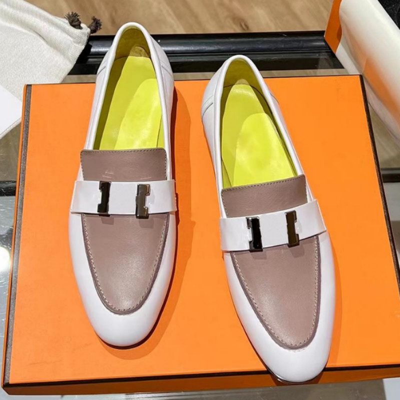 

Luxury brand formal casual shoes leather women's flat bottom classic fashion H metal buckle color matching neutral comfortable lazy shoes motor vehicle Factory home, As pic