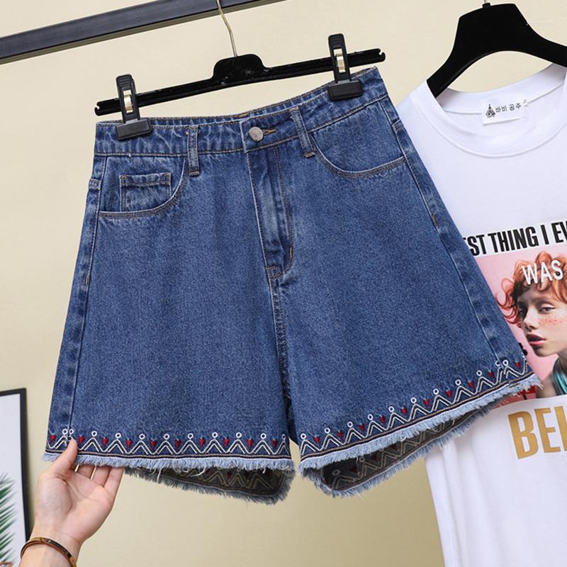 

Women's Jeans Summer Plus Size Embroidery Denim Shorts Woman High Waist Mujer Loose Casual Wide Leg Pants Female A Line, Blue