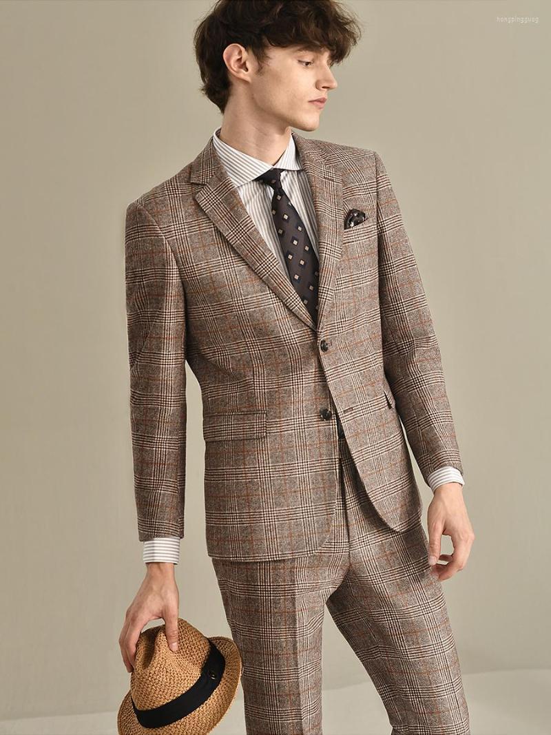 

Men's Suits 50% Wool Blazer Pant Sets For Men Suit Set Wedding Groom Slim Fit Brown Plaid Thick 2023 Autumn Casual Clothing 58