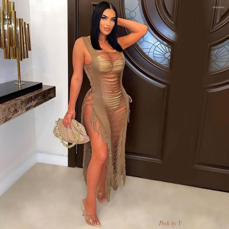 

Casual Dresses Beach Style Knitted Tassel Dress Women Sexy Hollow Out Sleeveless Side Lace Up Split Long Bikini Cover Ups Vacation Outfits, Black