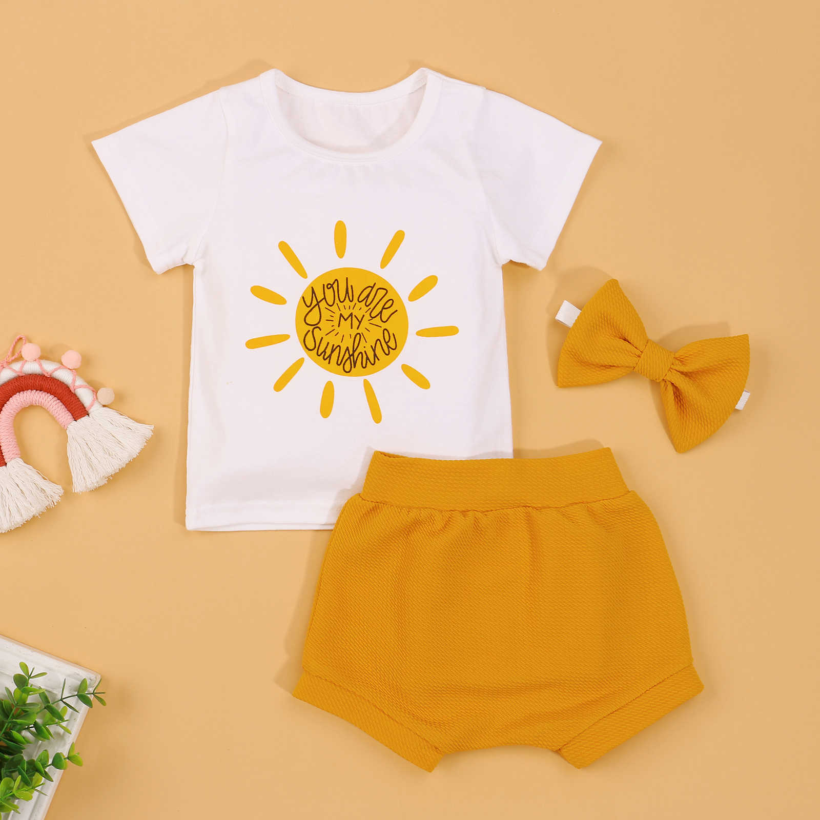 

s PCS Cute Summer Kids Suit Infant Girls Sun Letter Print ONeck Short Sleeve TopsSolid Color ShortsHeadband Clothing Set, Yellow