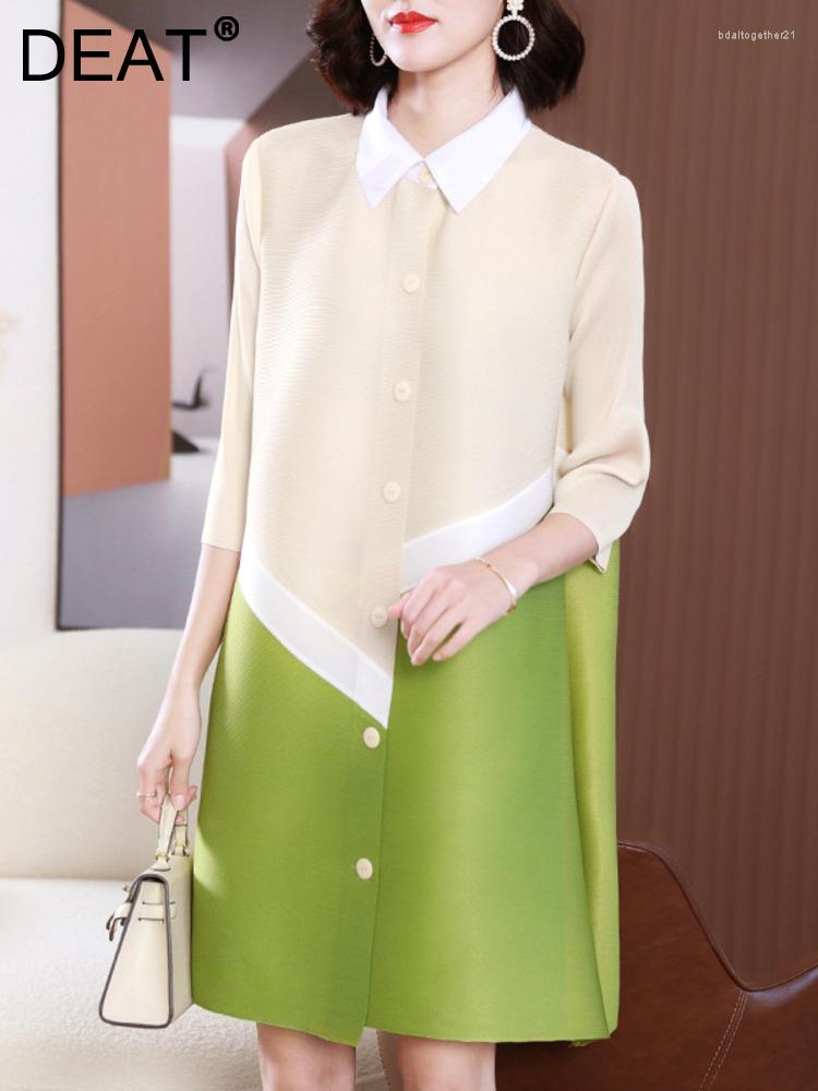 

Casual Dresses Pleated Color Block Loose Dress Single Breasted Elegant Holiday Clothes Lapel Medium Long 2023 Fashion Female 15KB11, Green