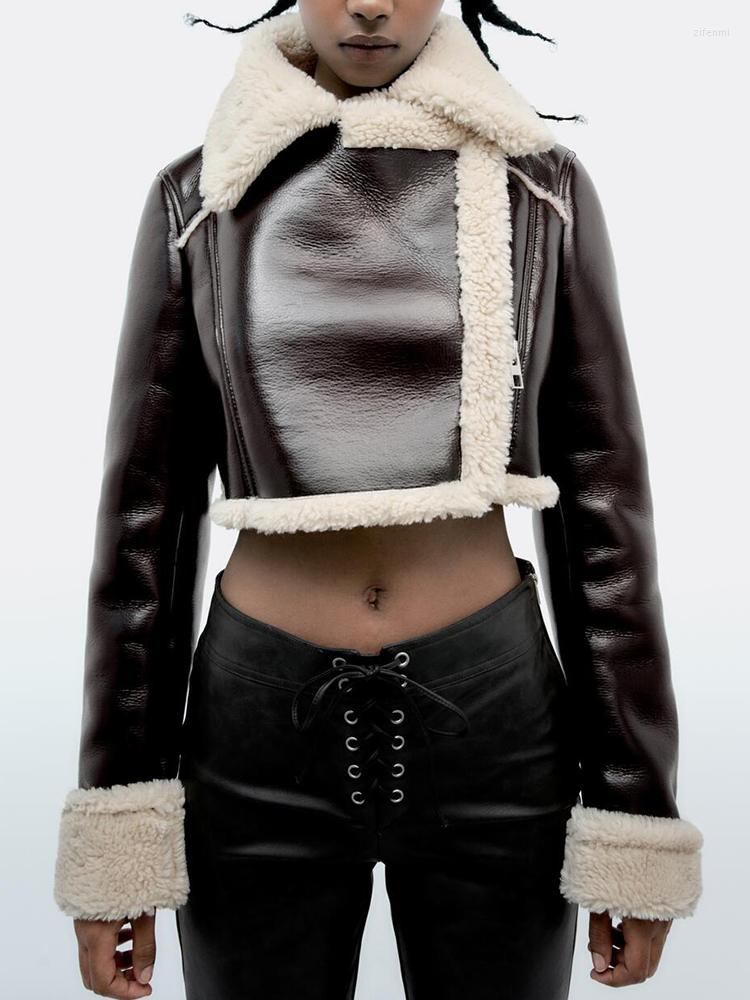 

Women's Leather FTLZZ Autumn Winter Women Moto Biker Pu Short Jacket Streetwear Lapel Zipper Faux Lamb Coat Lady Thick Warm Outwear, Chocolate